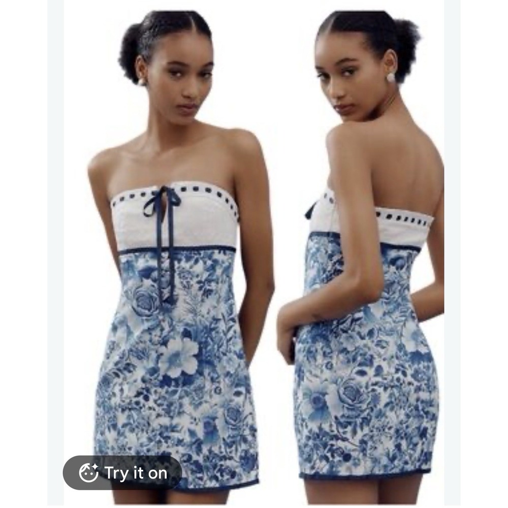 Maeve Strapless Tie-Front Mini Dress Anthropologie Blue & White Toile Print XL